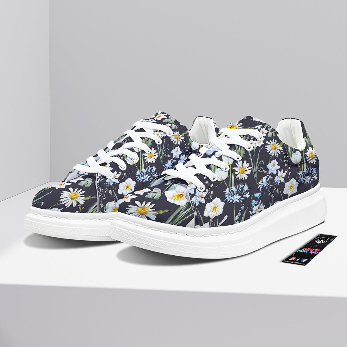 Flower White Daffodil Print Pattern Platform Shoes-grizzshop