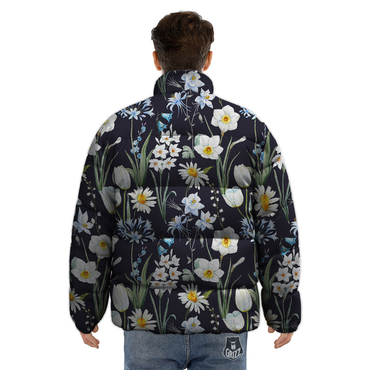 Flower White Daffodil Print Pattern Puffer Jacket-grizzshop