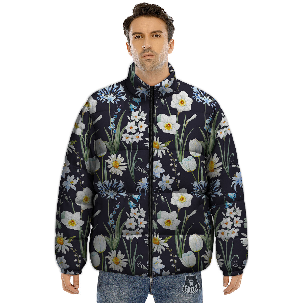 Flower White Daffodil Print Pattern Puffer Jacket-grizzshop