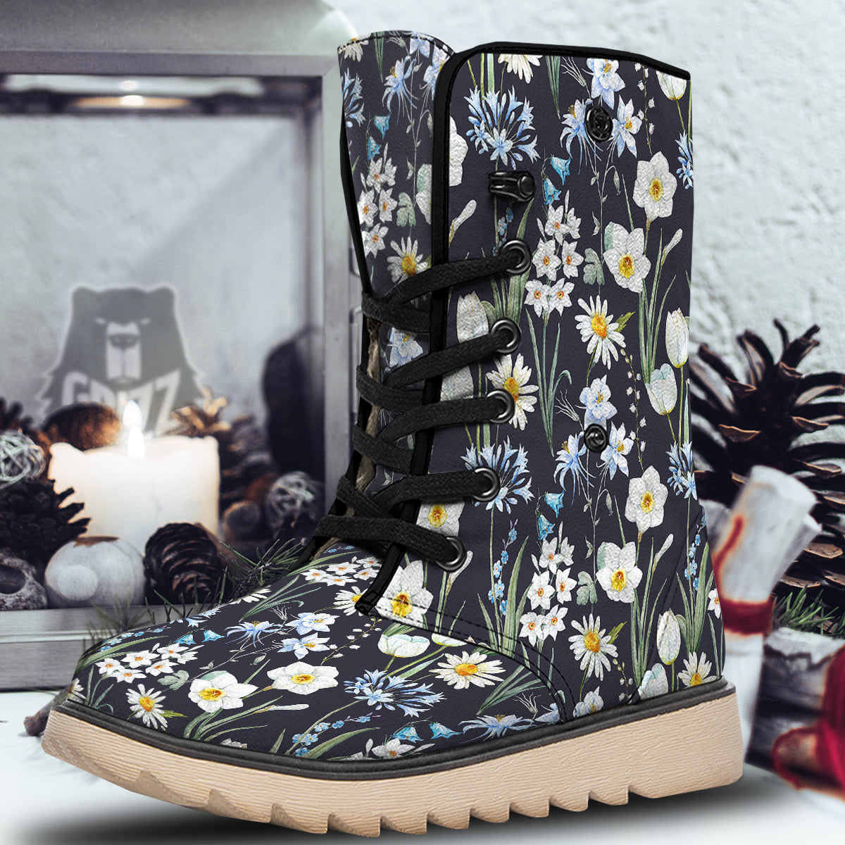 Flower White Daffodil Print Pattern Snow Boots-grizzshop