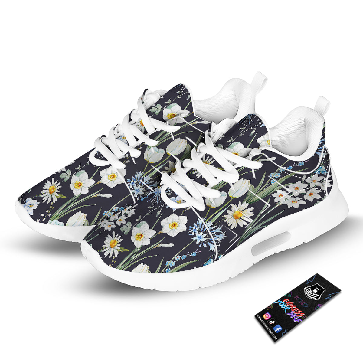 Flower White Daffodil Print Pattern Tennis Shoes-grizzshop