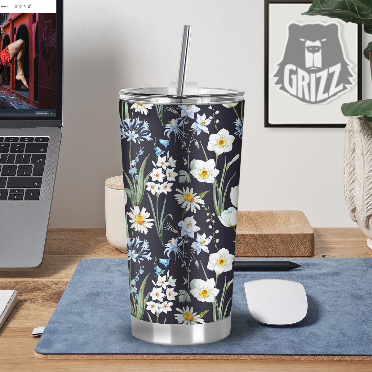 Flower White Daffodil Print Pattern Tumbler-grizzshop