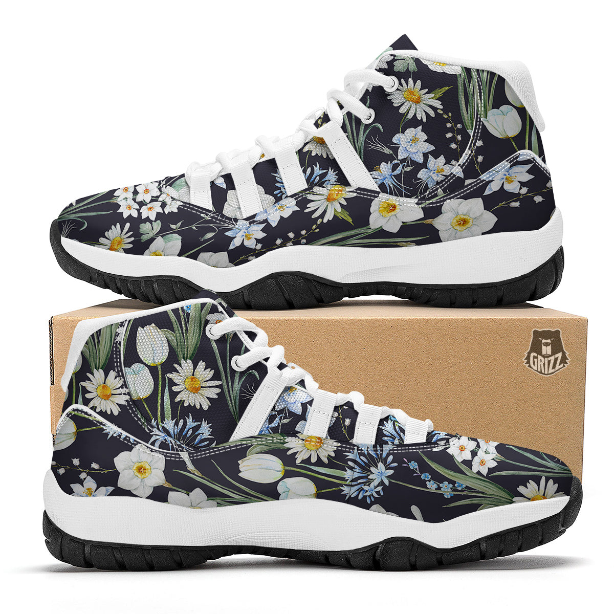 Flower White Daffodil Print Pattern White Bball Shoes-grizzshop