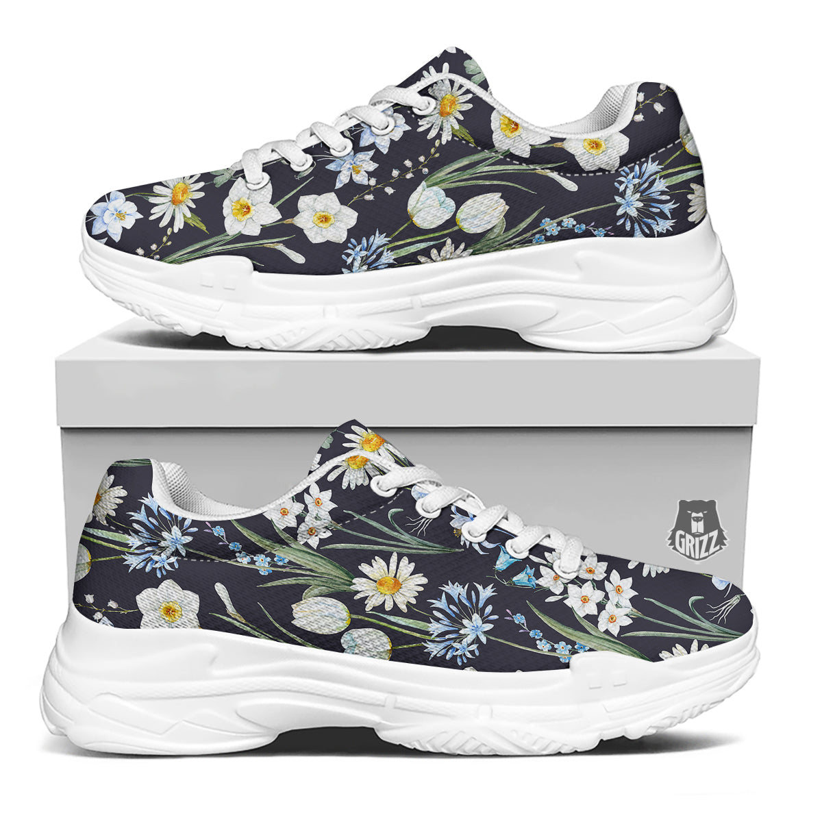 Flower White Daffodil Print Pattern White Chunky Shoes-grizzshop