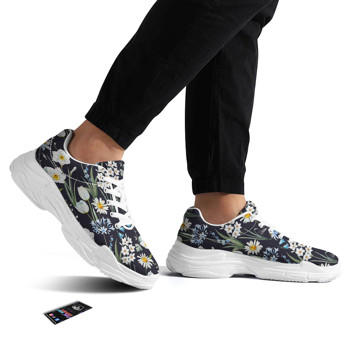 Flower White Daffodil Print Pattern White Chunky Shoes-grizzshop