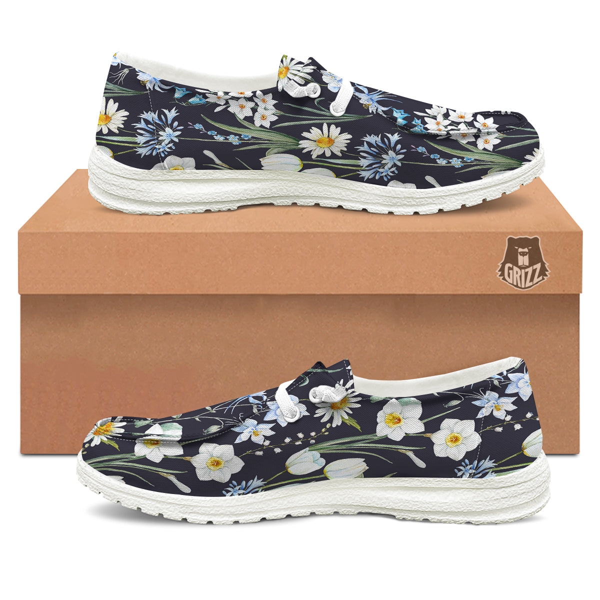Flower White Daffodil Print Pattern White Loafers-grizzshop