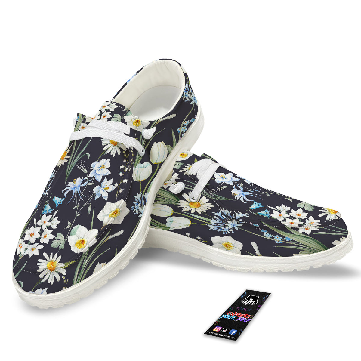 Flower White Daffodil Print Pattern White Loafers-grizzshop