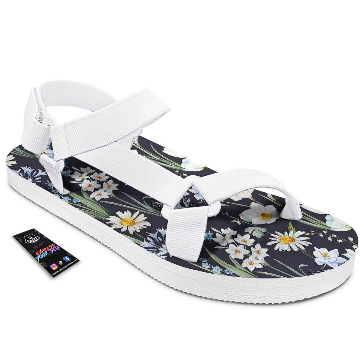 Flower White Daffodil Print Pattern White Open Toe Sandals-grizzshop