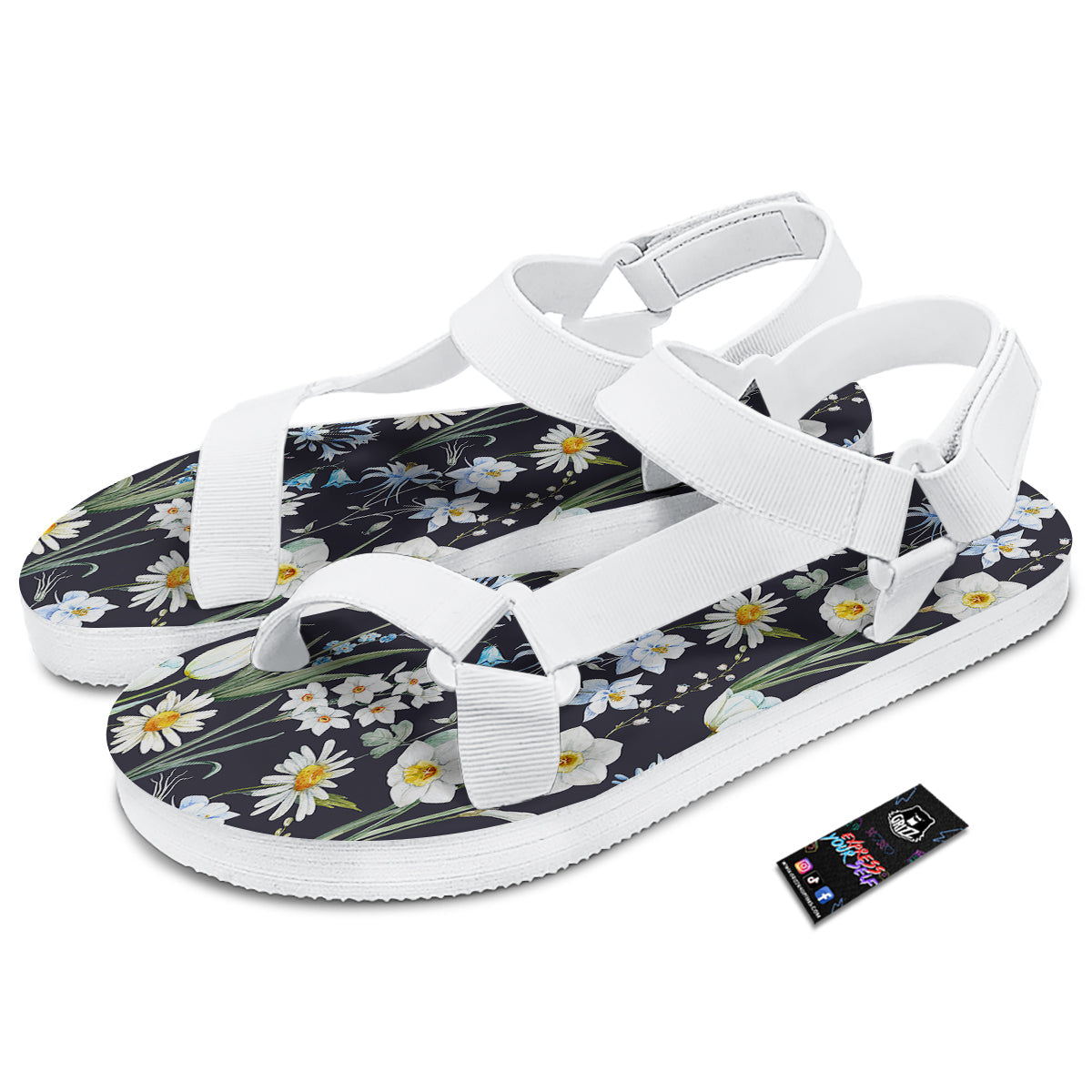 Flower White Daffodil Print Pattern White Open Toe Sandals-grizzshop