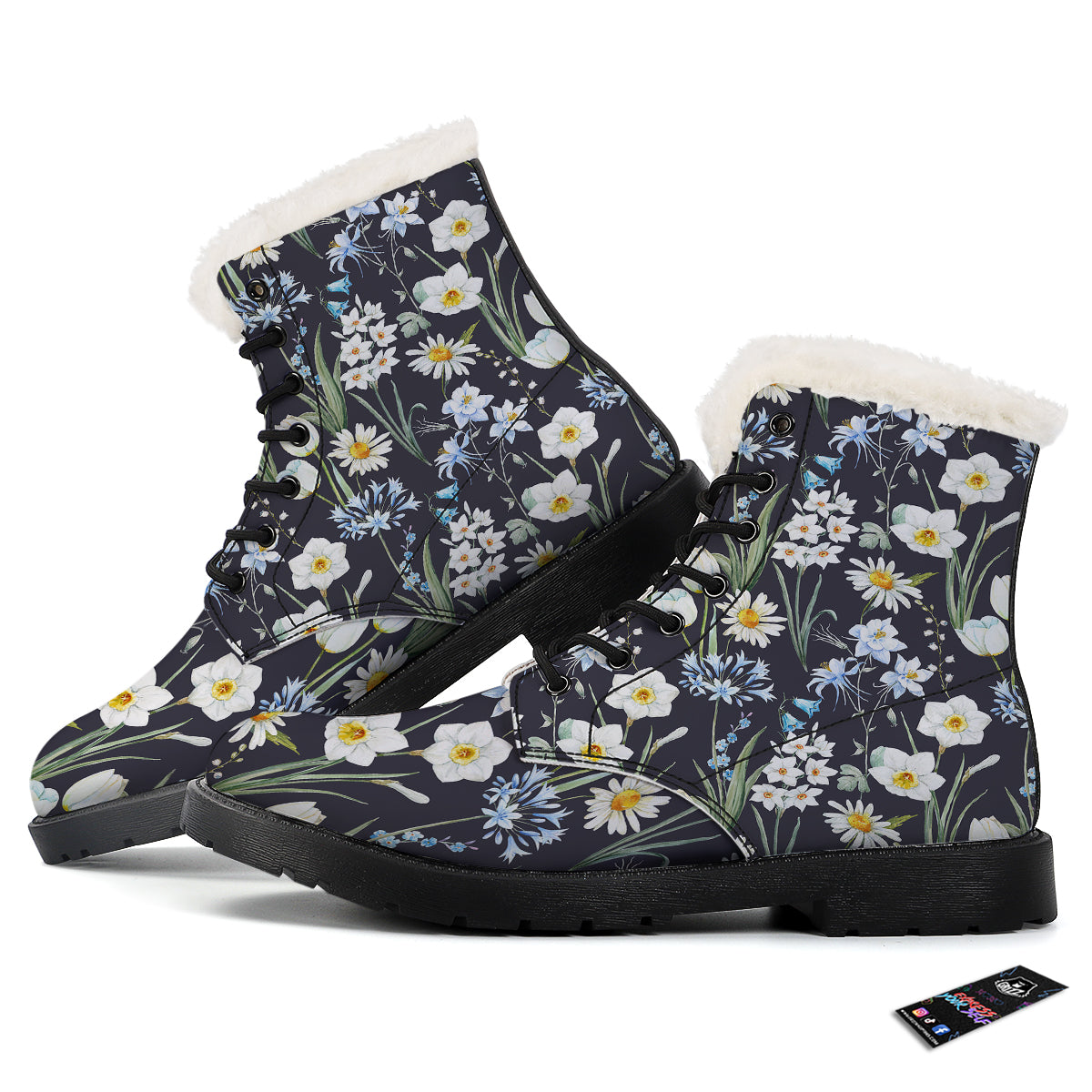 Flower White Daffodil Print Pattern Winter Boots-grizzshop