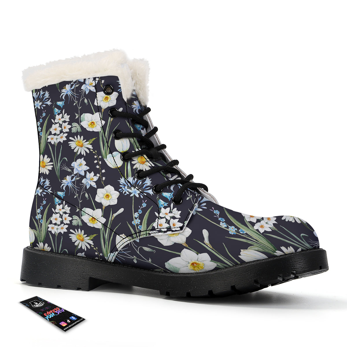 Flower White Daffodil Print Pattern Winter Boots-grizzshop