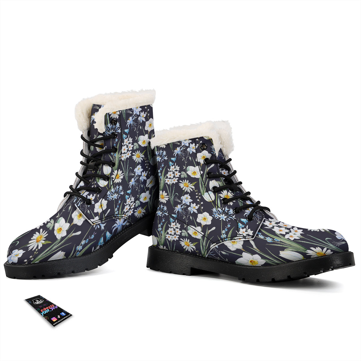 Flower White Daffodil Print Pattern Winter Boots-grizzshop