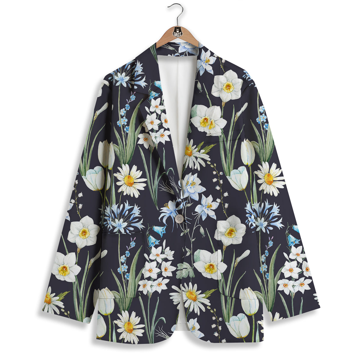 Flower White Daffodil Print Pattern Women's Blazer-grizzshop