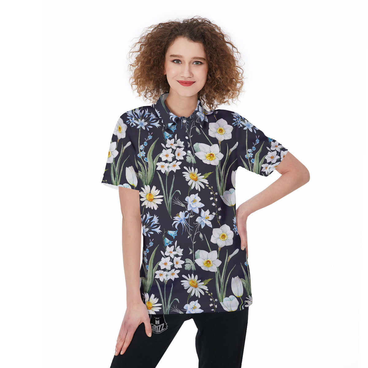 Flower White Daffodil Print Pattern Women's Golf Shirts-grizzshop