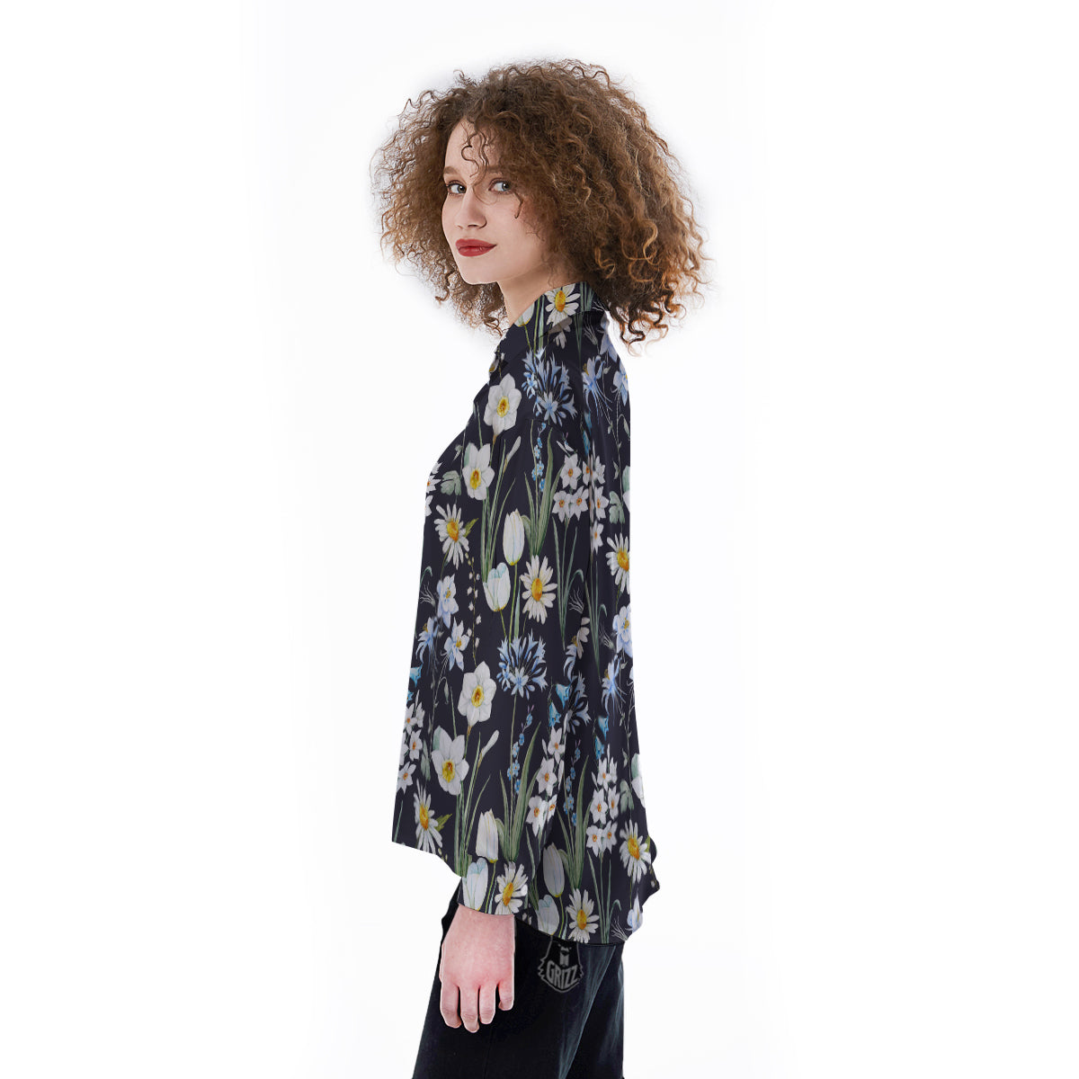 Flower White Daffodil Print Pattern Women's Long Sleeve Shirts-grizzshop