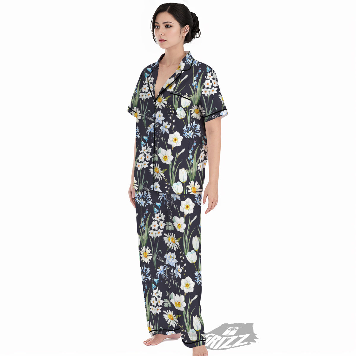 Flower White Daffodil Print Pattern Women's Pajamas Set-grizzshop
