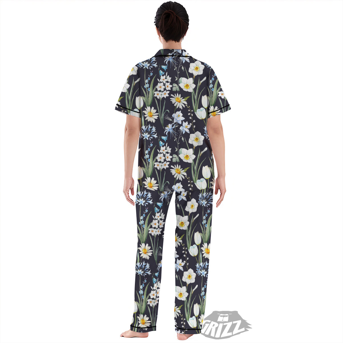 Flower White Daffodil Print Pattern Women's Pajamas Set-grizzshop