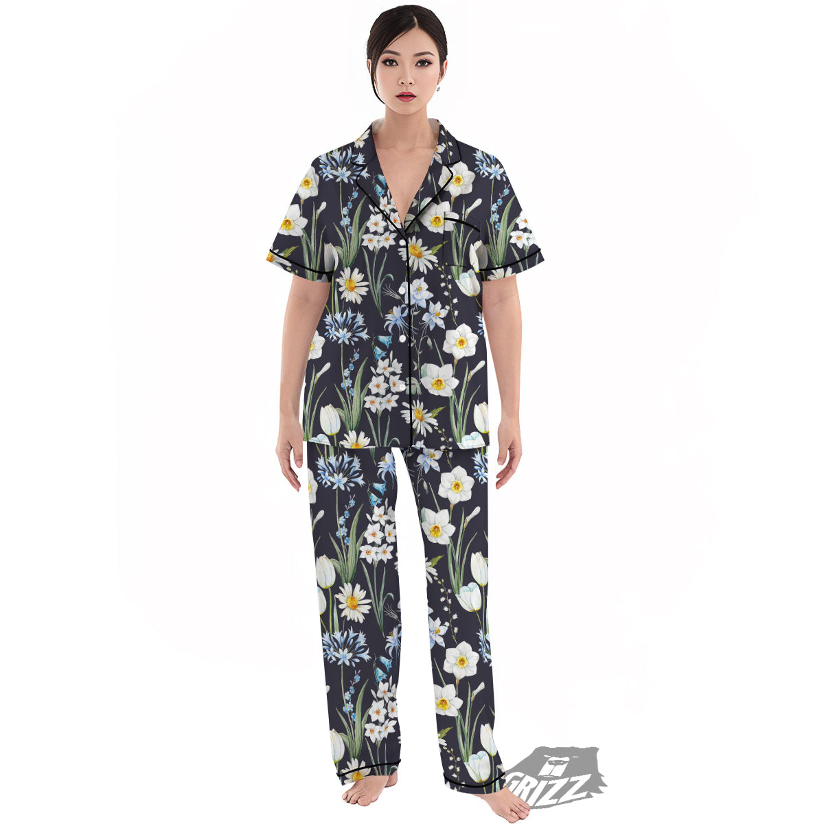 Flower White Daffodil Print Pattern Women's Pajamas Set-grizzshop