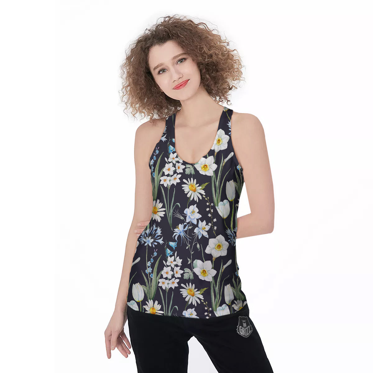 Flower White Daffodil Print Pattern Women's Racerback Tank Top-grizzshop