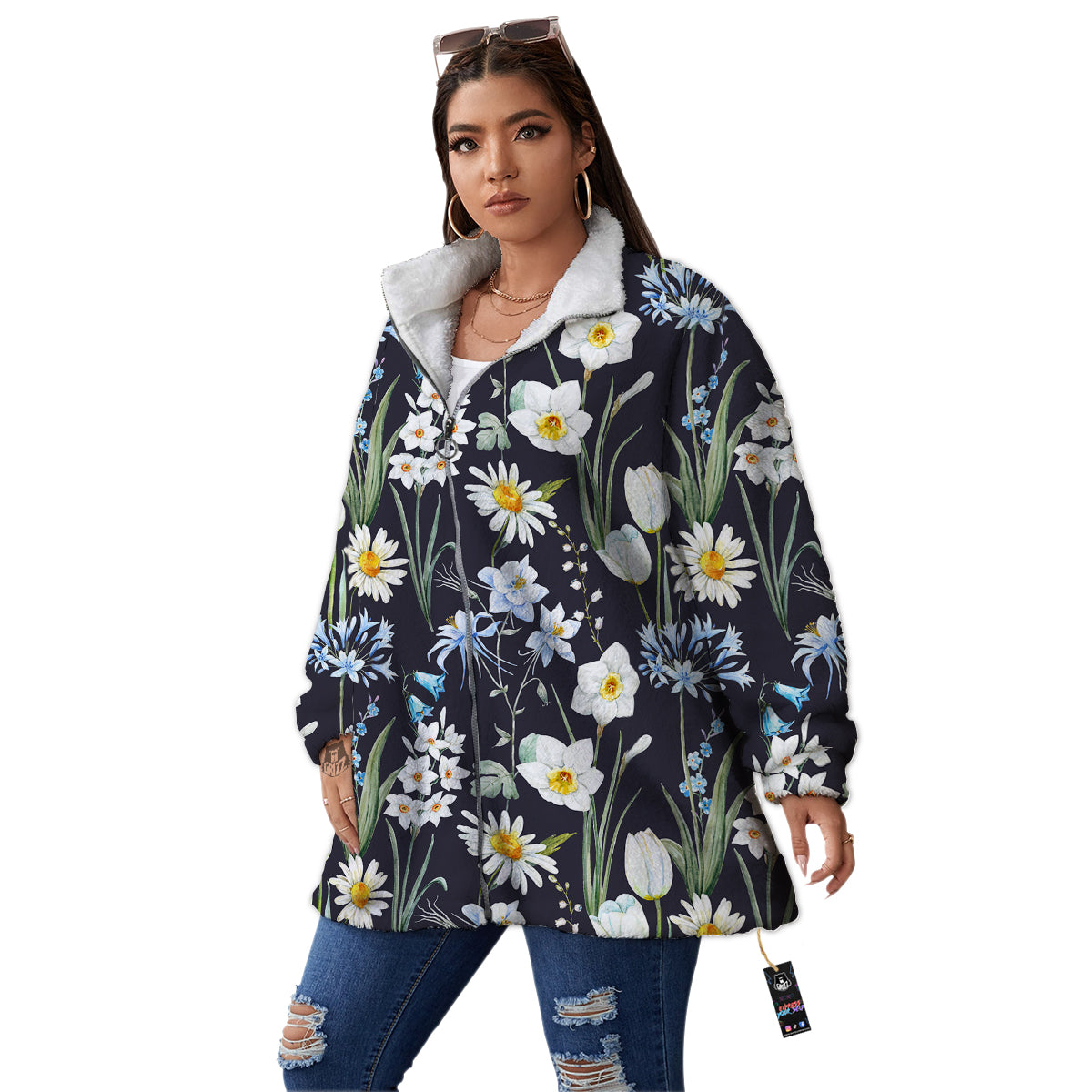 Flower White Daffodil Print Pattern Women's Sherpa Jacket-grizzshop