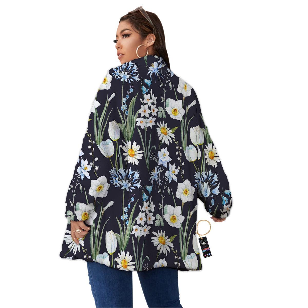Flower White Daffodil Print Pattern Women's Sherpa Jacket-grizzshop