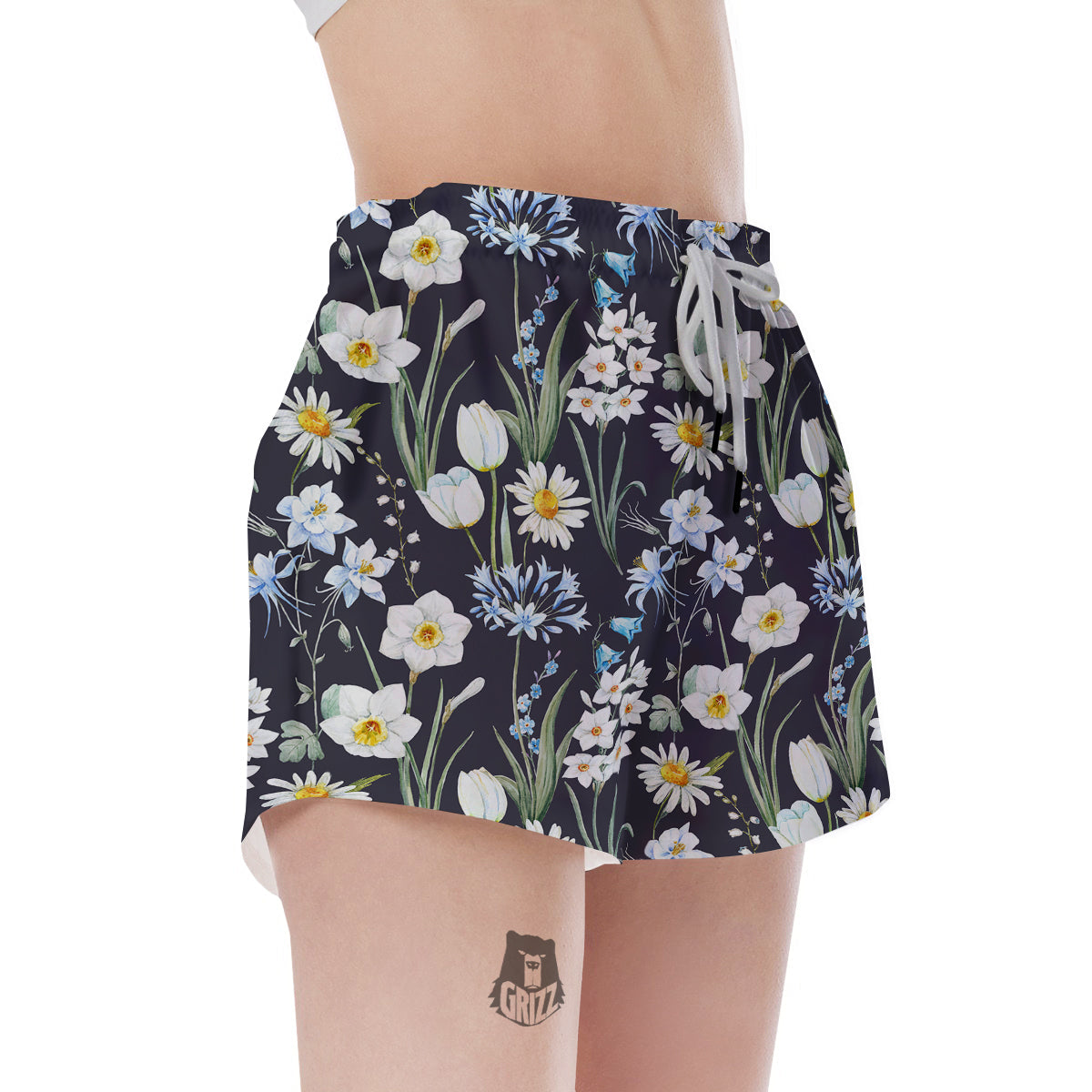 Flower White Daffodil Print Pattern Women's Shorts-grizzshop