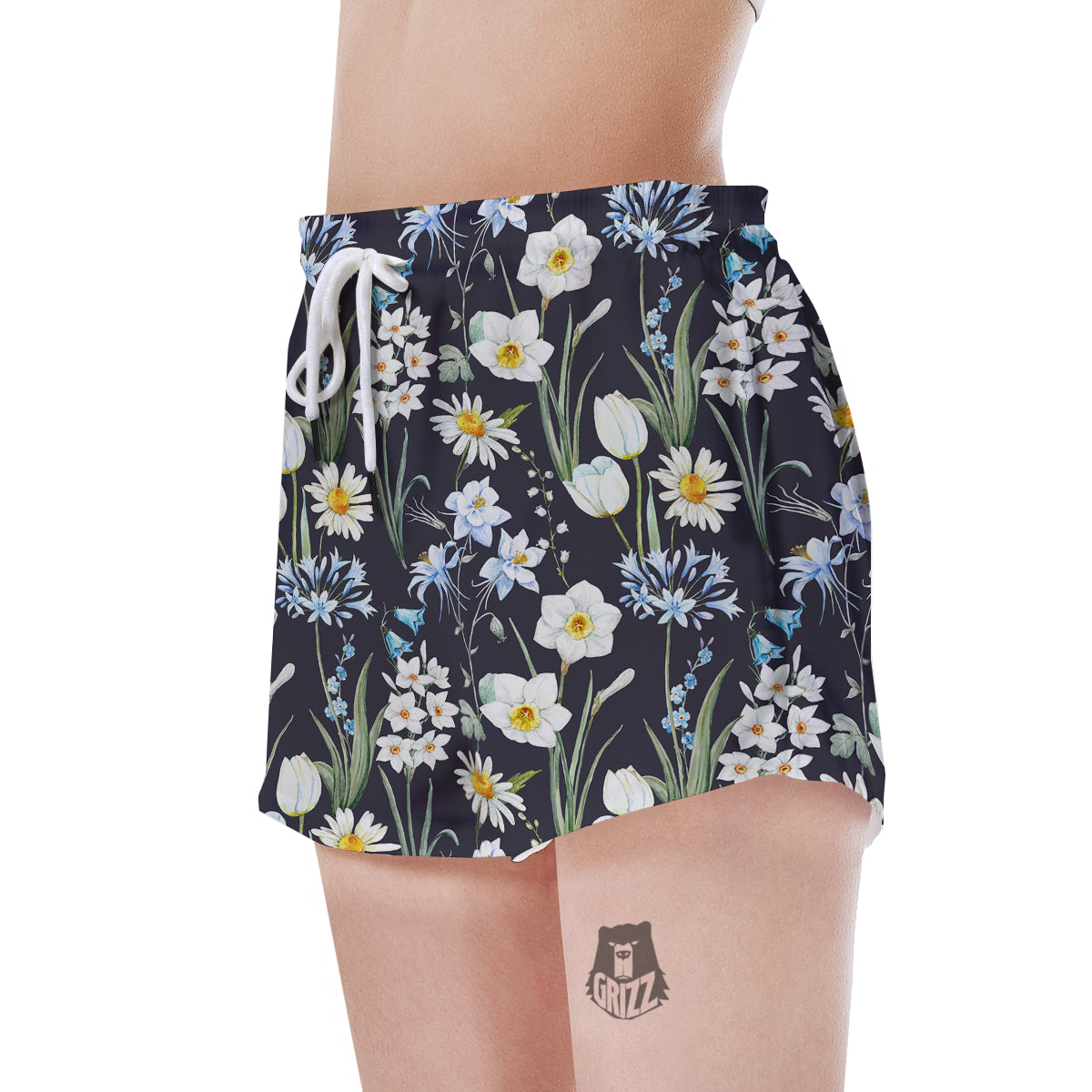 Flower White Daffodil Print Pattern Women's Shorts-grizzshop