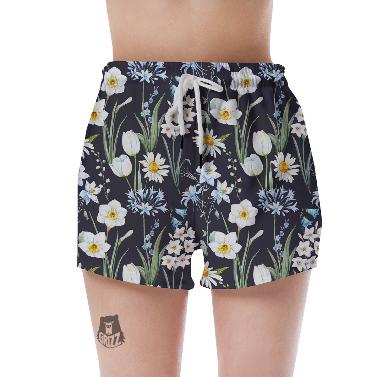 Flower White Daffodil Print Pattern Women's Shorts-grizzshop