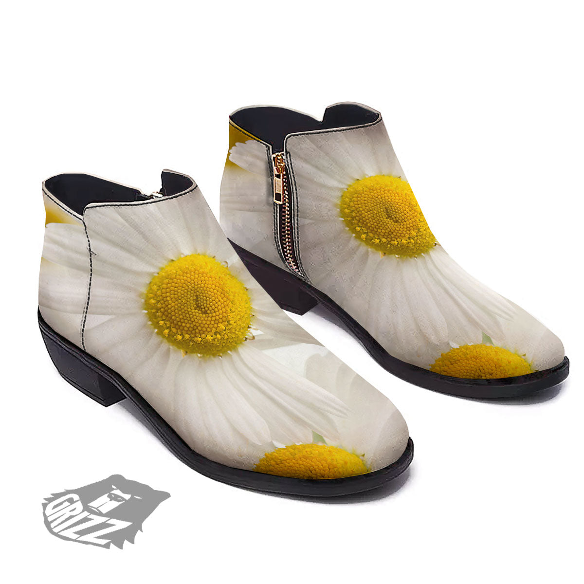 Flower White Daisy Print Ankle Boots-grizzshop