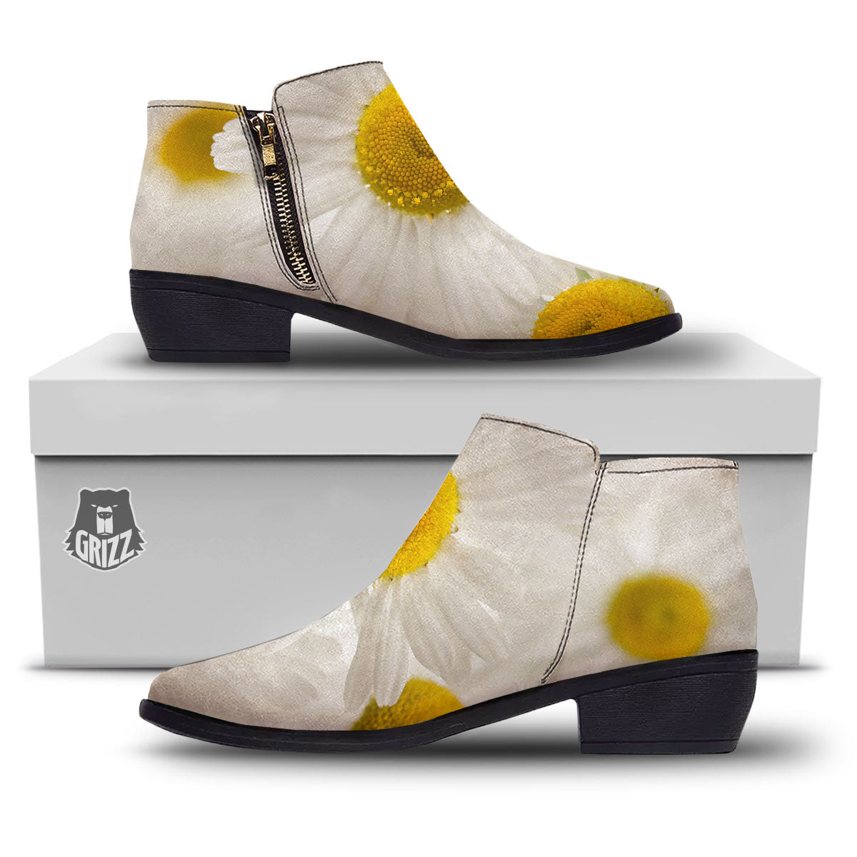 Flower White Daisy Print Ankle Boots-grizzshop