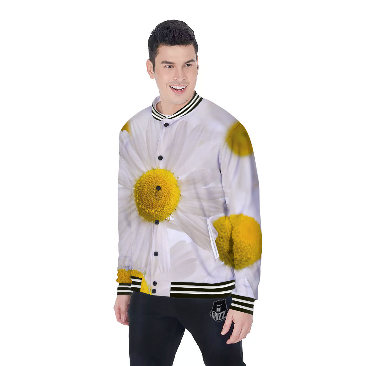 Flower White Daisy Print Baseball Jacket-grizzshop