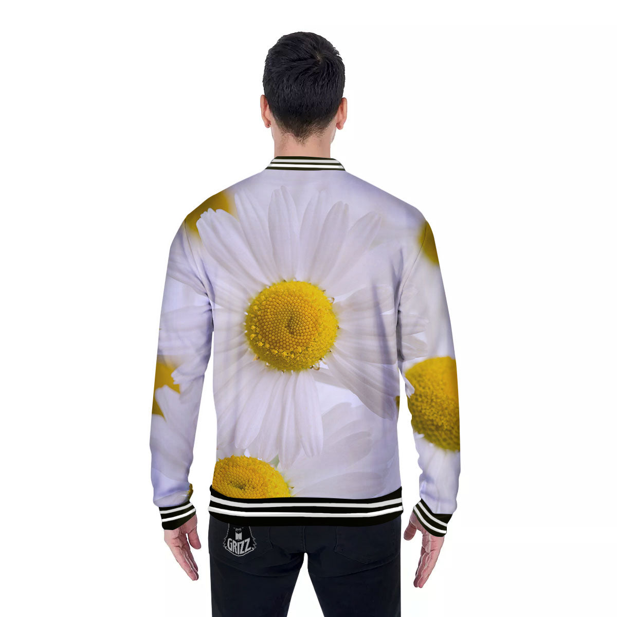 Flower White Daisy Print Baseball Jacket-grizzshop