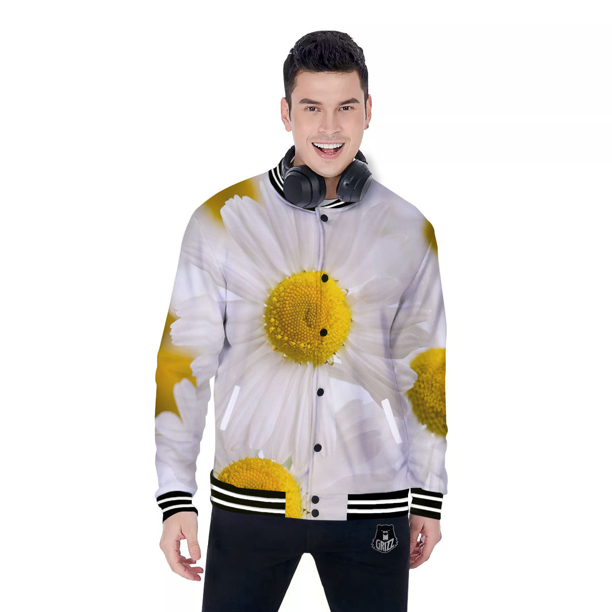 Flower White Daisy Print Baseball Jacket-grizzshop
