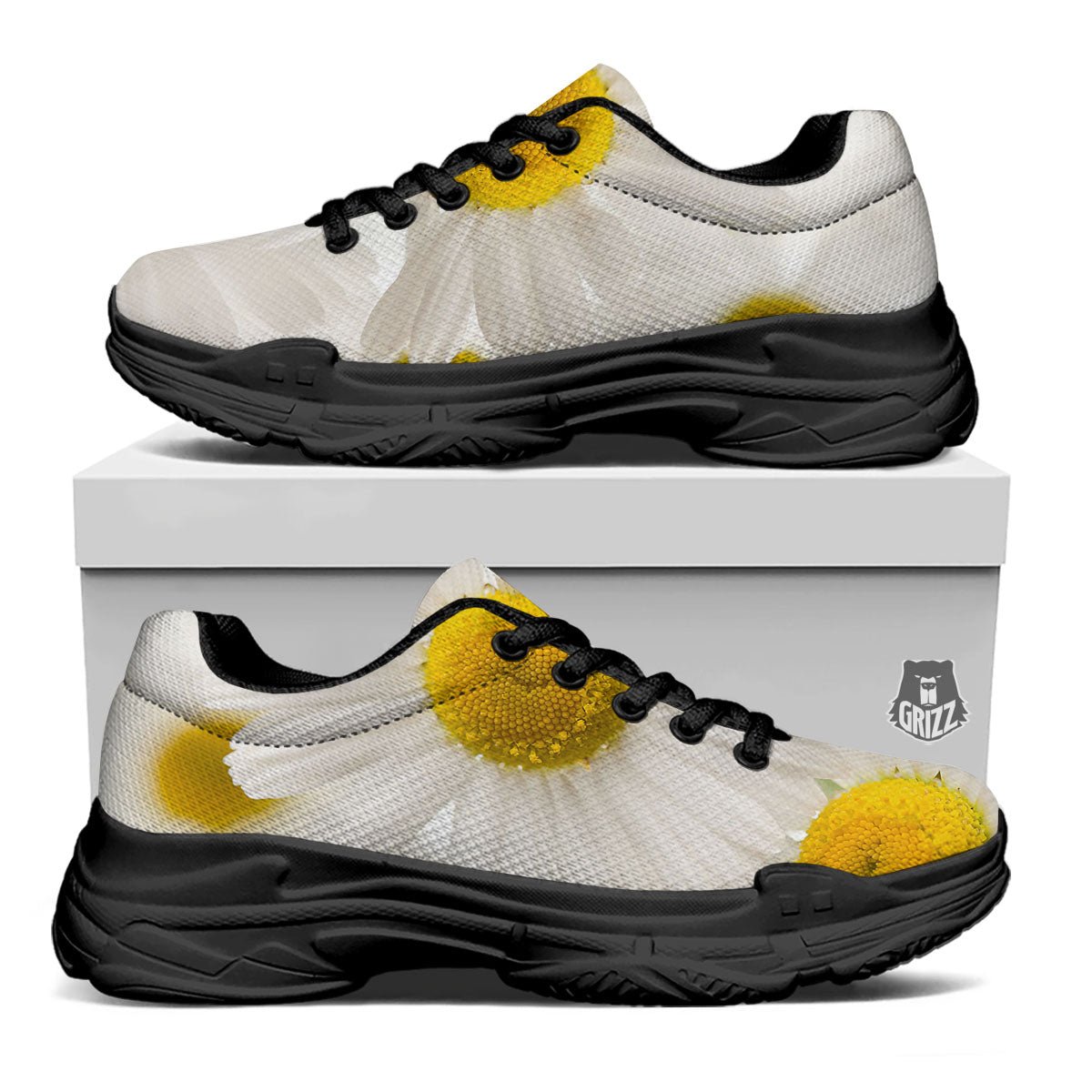 Flower White Daisy Print Black Chunky Shoes-grizzshop