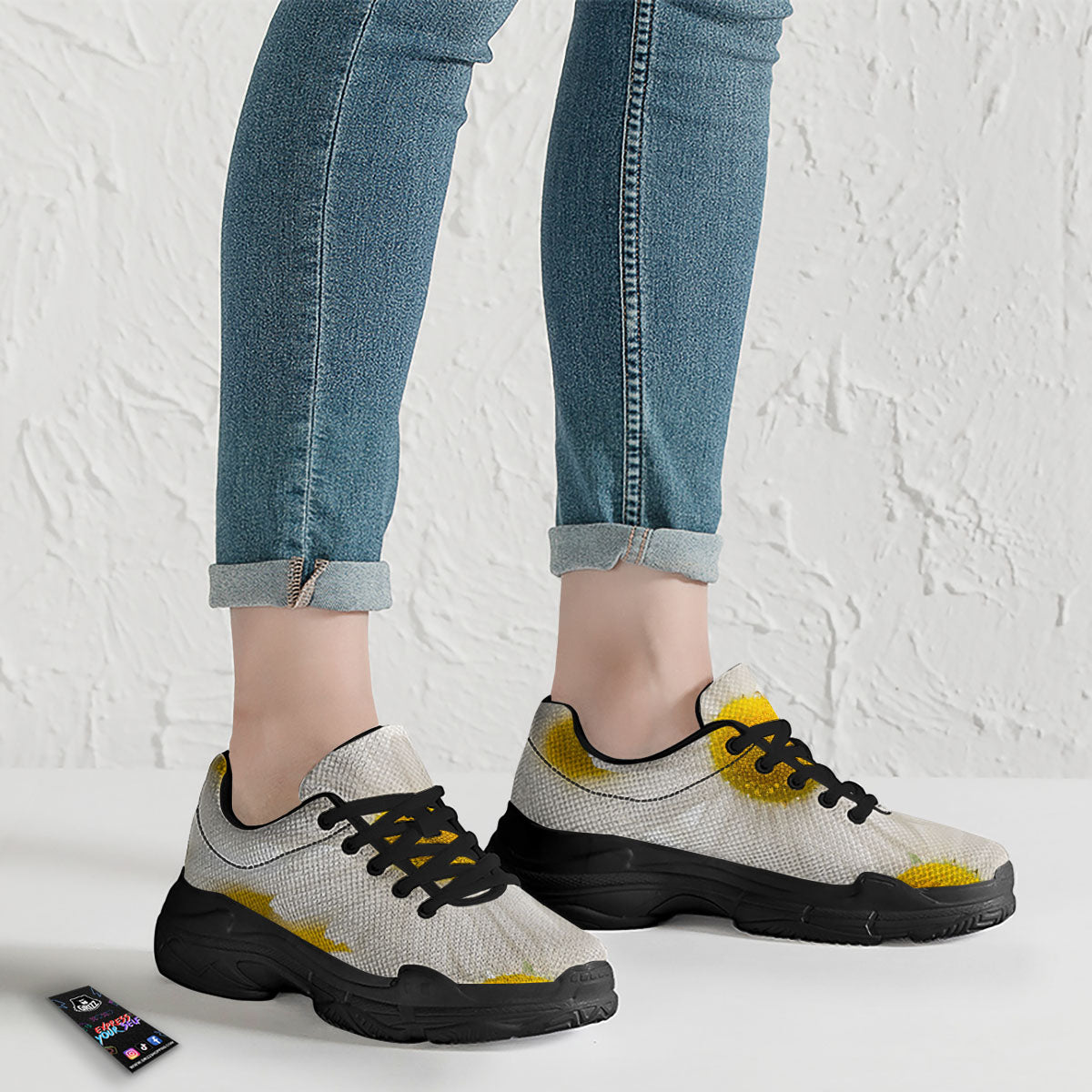 Flower White Daisy Print Black Chunky Shoes-grizzshop