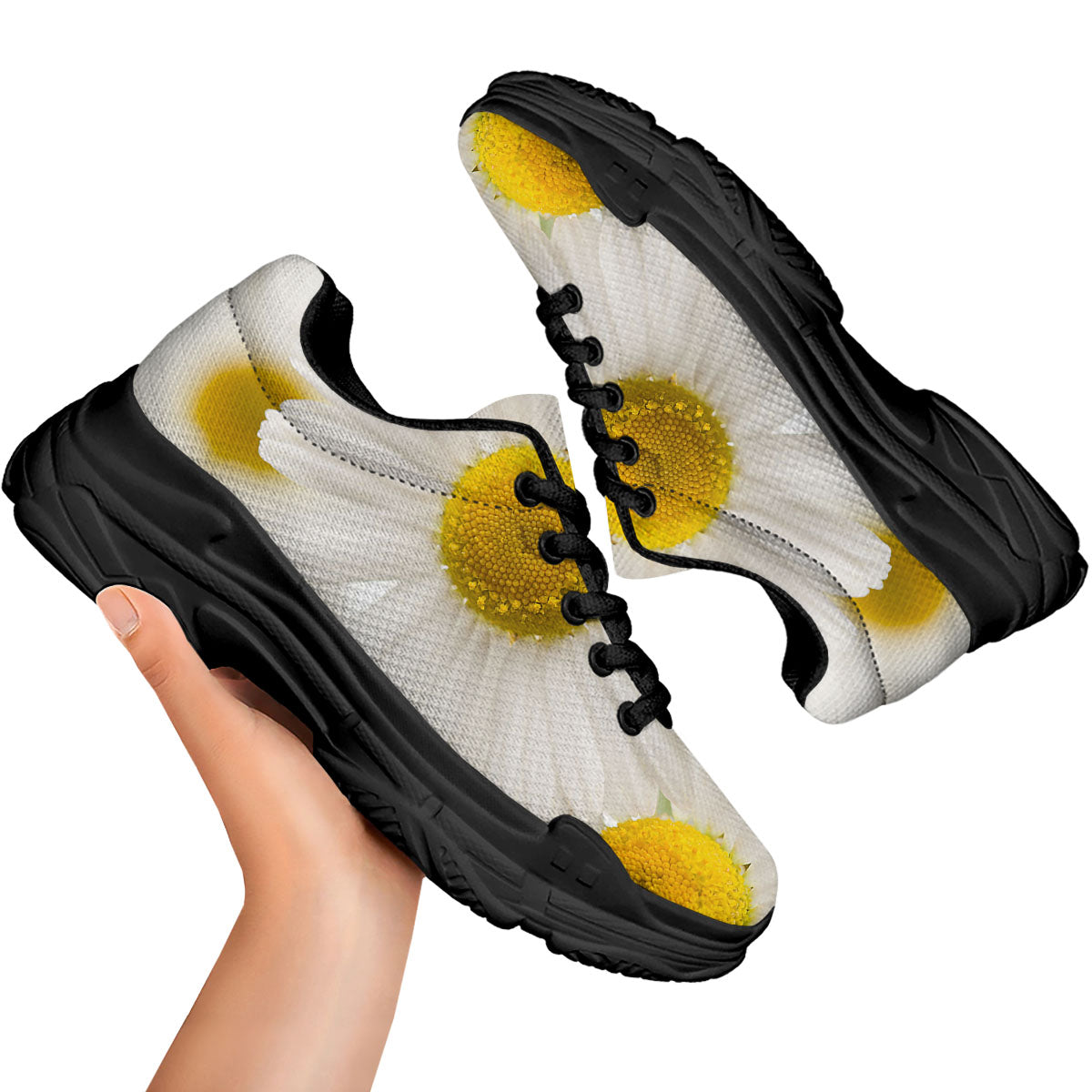 Flower White Daisy Print Black Chunky Shoes-grizzshop
