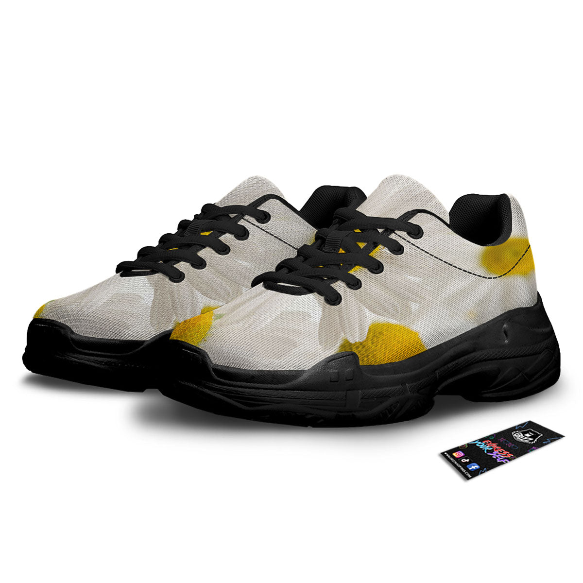 Flower White Daisy Print Black Chunky Shoes-grizzshop