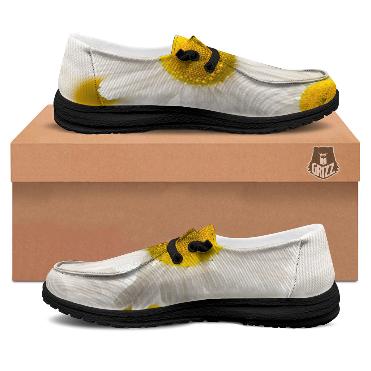 Flower White Daisy Print Black Loafers-grizzshop