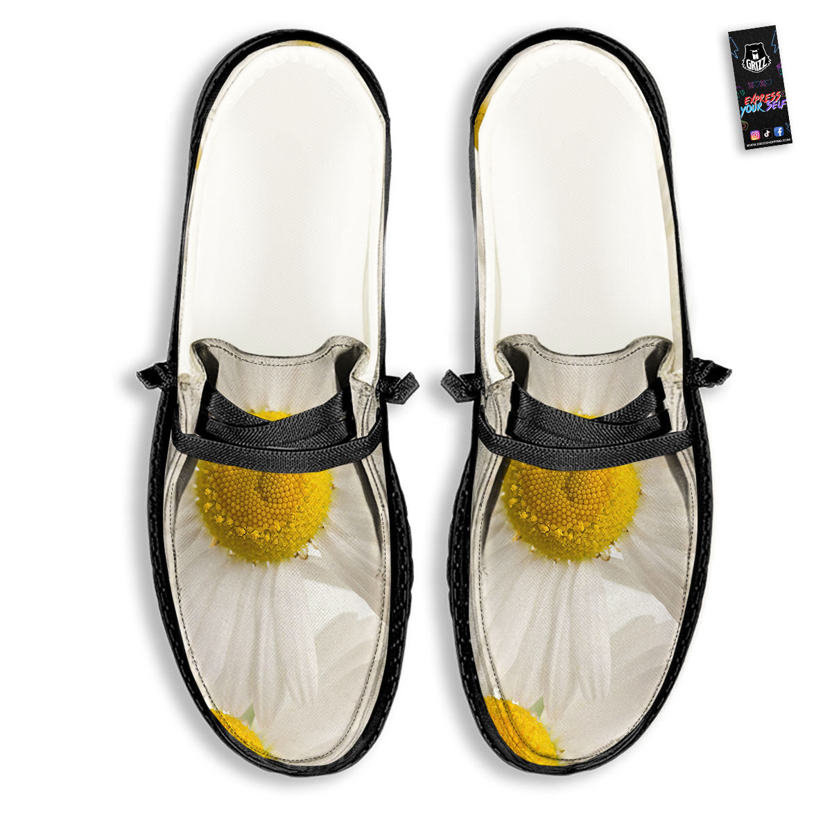 Flower White Daisy Print Black Loafers-grizzshop