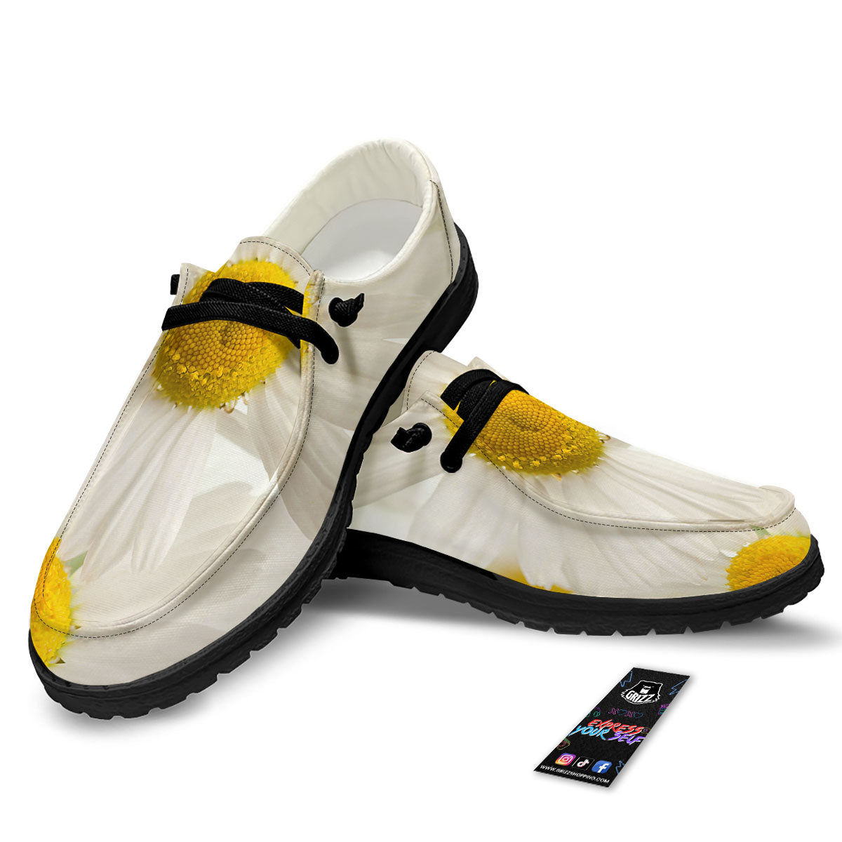 Flower White Daisy Print Black Loafers-grizzshop