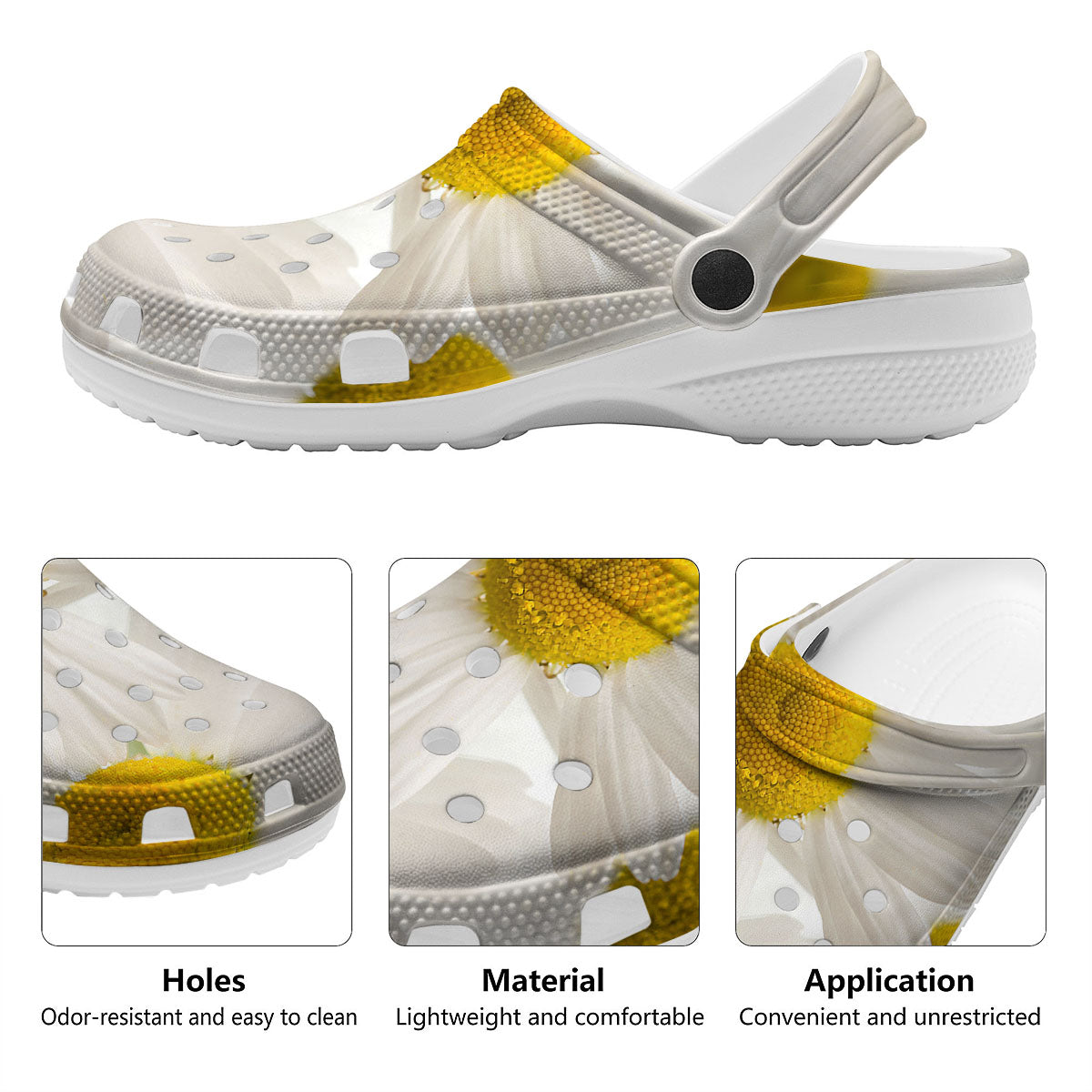 Flower White Daisy Print Clog-grizzshop
