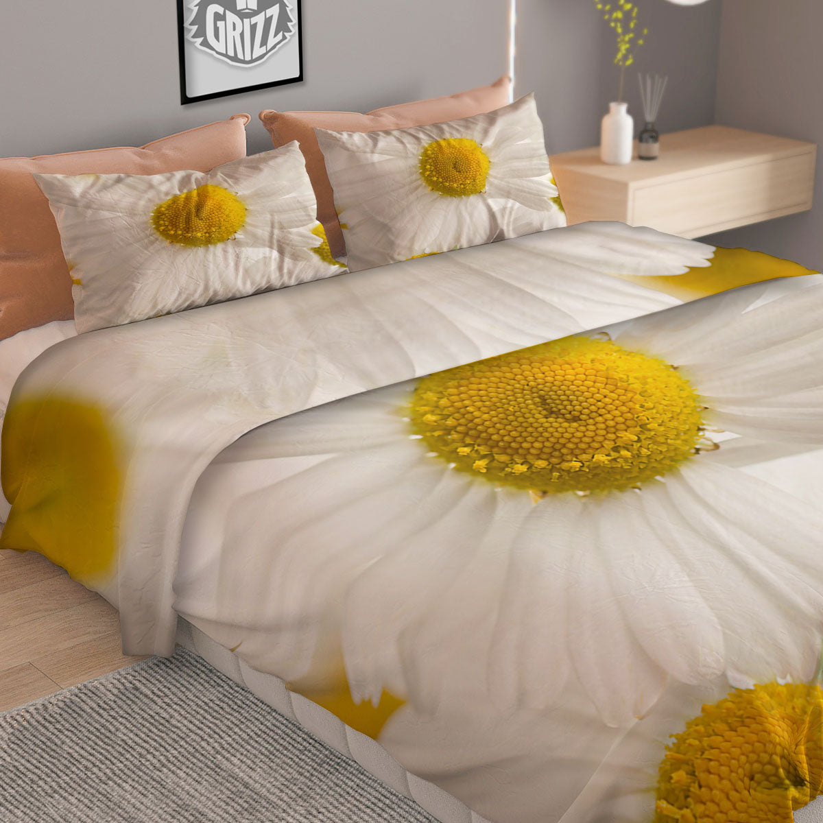 Flower White Daisy Print Duvet Cover Bedding Set