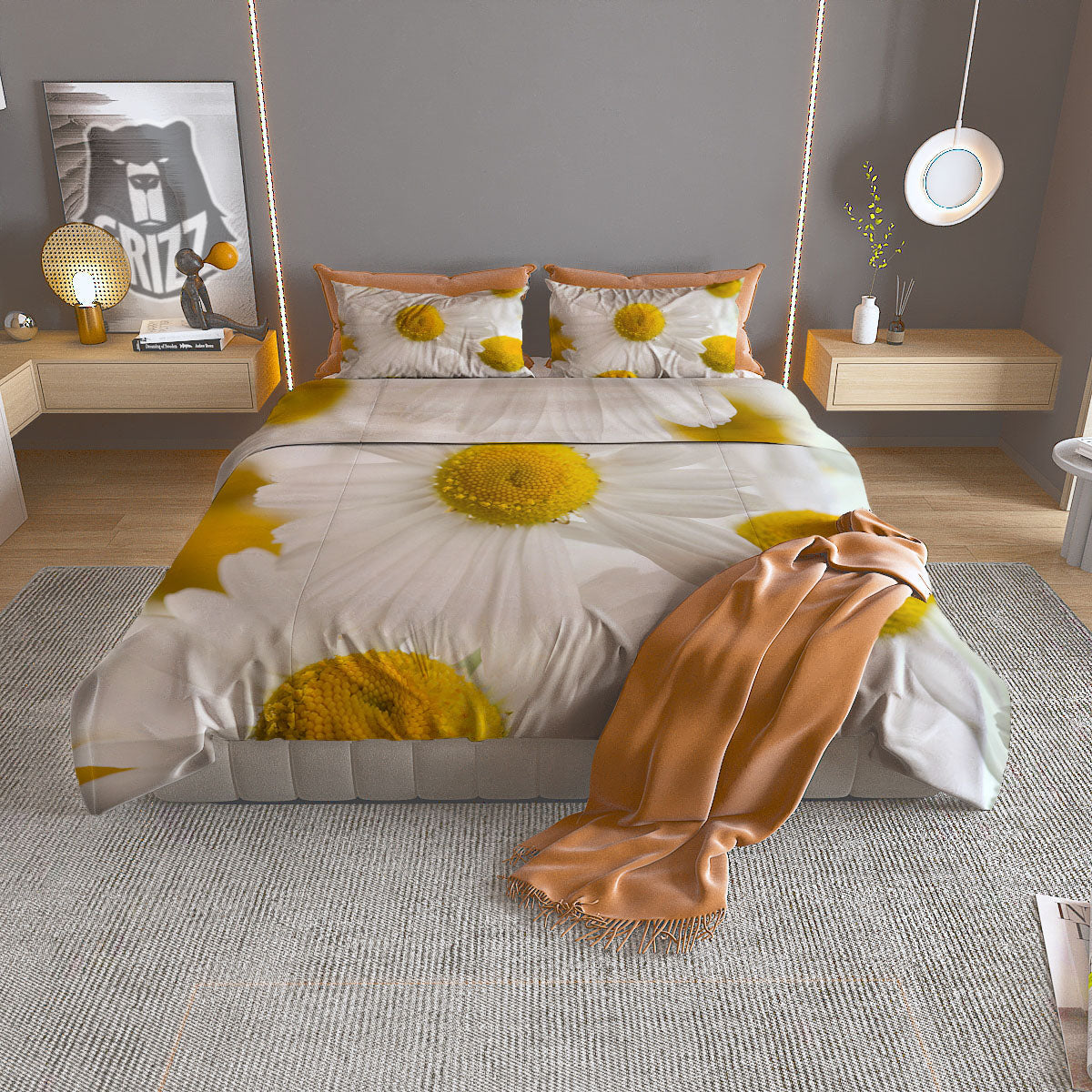 Flower White Daisy Print Duvet Cover Bedding Set