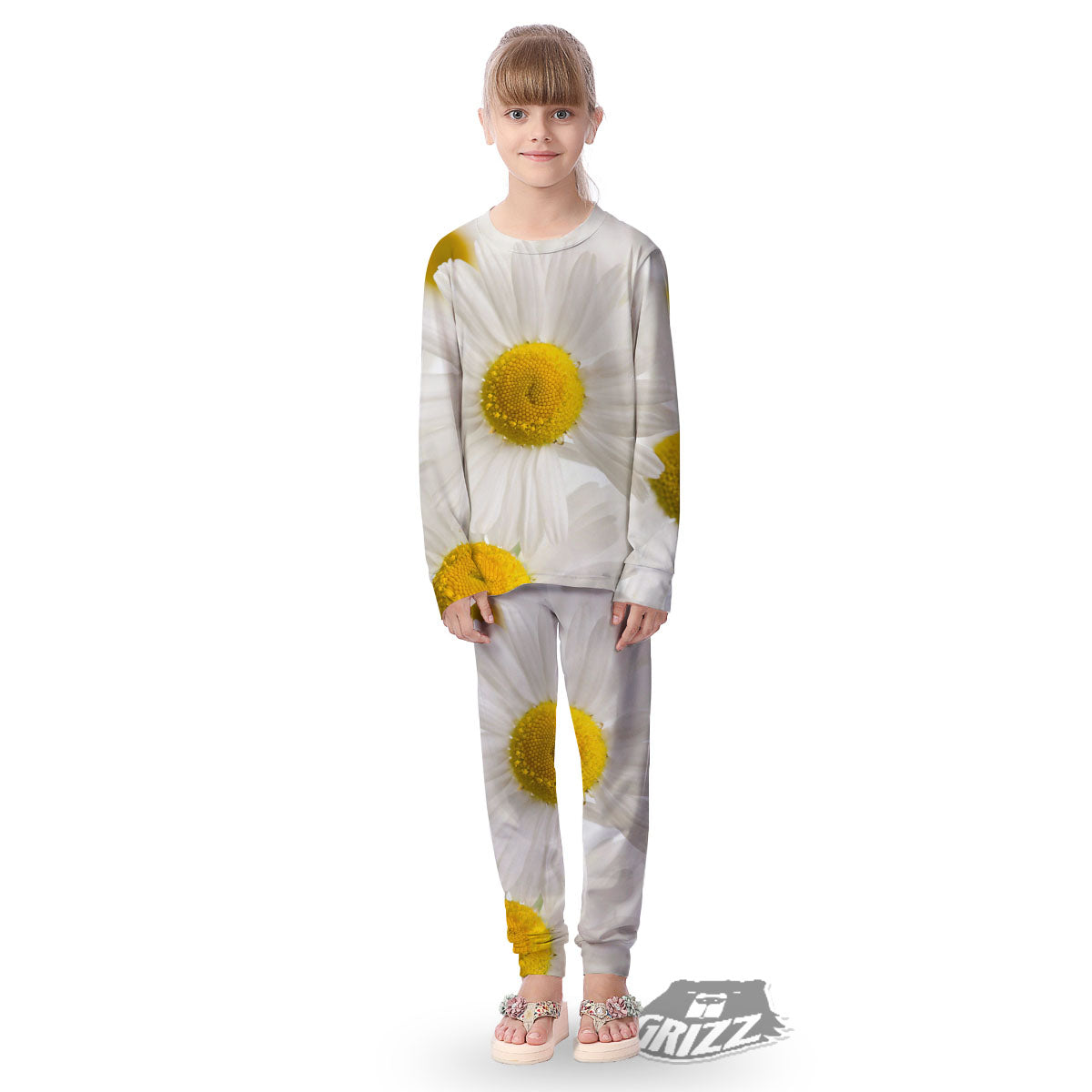Flower White Daisy Print Kid's Pajamas-grizzshop