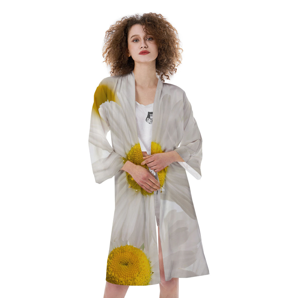 Flower White Daisy Print Kimono-grizzshop