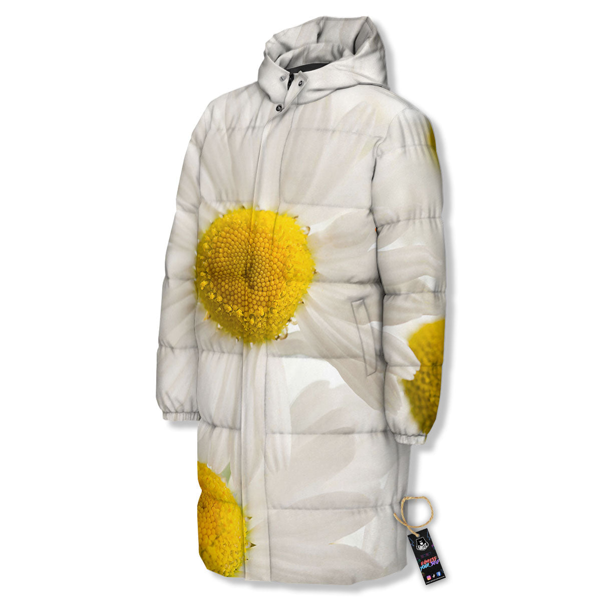 Flower White Daisy Print Long Down Jacket-grizzshop
