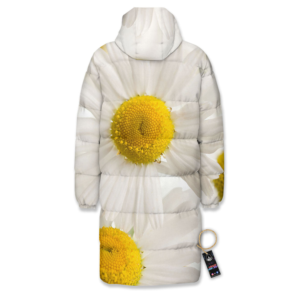 Flower White Daisy Print Long Down Jacket-grizzshop