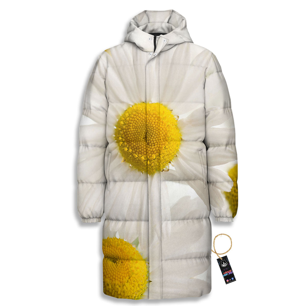 Flower White Daisy Print Long Down Jacket-grizzshop
