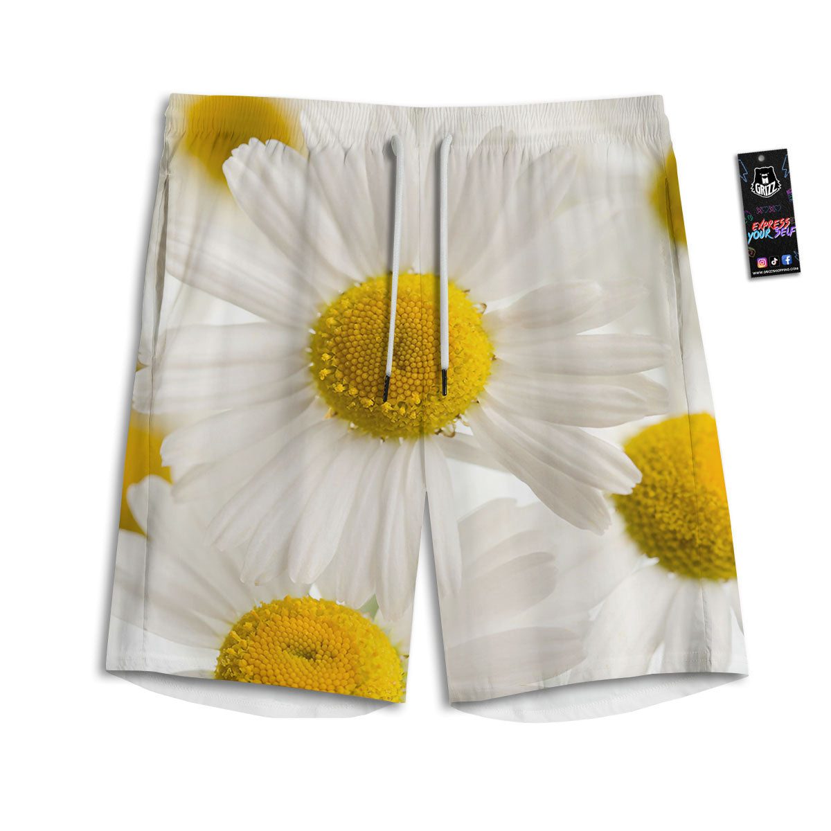 Flower White Daisy Print Men's Athletic Shorts