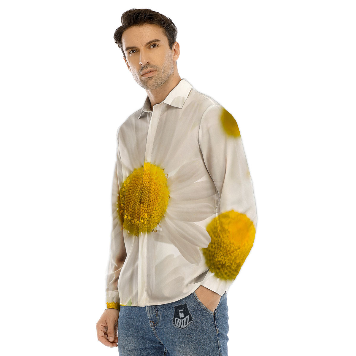 Flower White Daisy Print Men's Dress Shirts-grizzshop